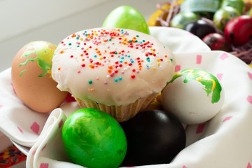 Traditional Russian Easter bread cake kulich.orthodox sweet cake, kulich and colorful quail eggs on light background. Easter holidays breakfast concept.