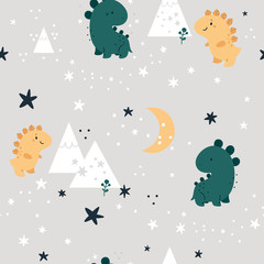 Seamless childish pattern with cute dinosaurs in forest. Children background in scandinavian style. Creative kids texture for print, textile, wallpaper, apparel, fabric, wrapping. Vector illustration