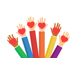 Raised hands volunteering stock vector isolated on white background.  Multiethnic society unity, togetherness. Volunteers, social workers holding red hearts. Charity and social help illustration.