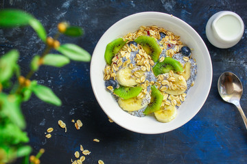 healthy food smoothie bowl, oatmeal, chia seeds and berries (breakfast dish or healthy snack) menu concept. background. top view. copy space for text
keto or paleo diet