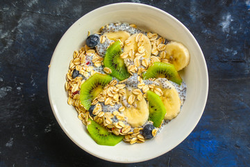 healthy food smoothie bowl, oatmeal, chia seeds and berries (breakfast dish or healthy snack) menu concept. background. top view. copy space for text
keto or paleo diet