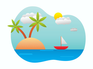 Fototapeta na wymiar Vector of beach on a sunny day, summer and holiday illustration concept. Design for banner, wallpaper, backdrop, presentation etc.