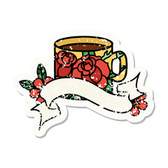 grunge sticker with banner of a cup and flowers