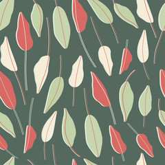 Hand drawn leaves seamless repeat vector pattern for wrapping paper,fabrics,textile,wallpaper.Botanical vector pattern.Orange,white and green leaves on a dark green background.