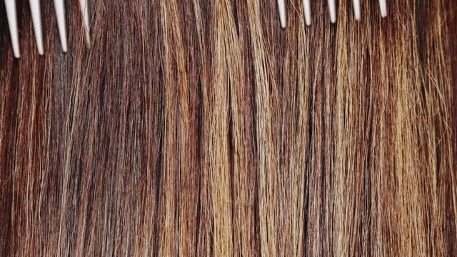 Young woman styling her long straight shiny dyed hair with comb, colored layers highlights, care concept, combing brunette hair, 4k