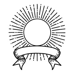 black linework tattoo with banner of a sun