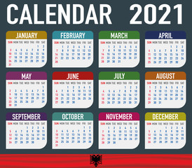 Albania Calendar with flag. Month, day, week. Simply flat design. Vector illustration background for desktop, business, reminder, planner