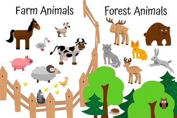 Farm and forest animals set in flat cartoon vector style. Zoology for preschoolers. Fauna for children