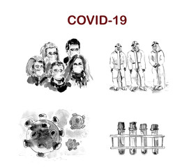 black and white illustration, world quarantine-COVID 19 coronavirus infection, protective masks, protective clothing, covid-19 virus illustration, medical test tubes