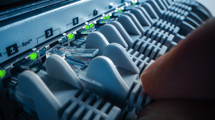 Macro Shot: Person Plugs in RJ45 Internet Connector into LAN Router Switch. Information...