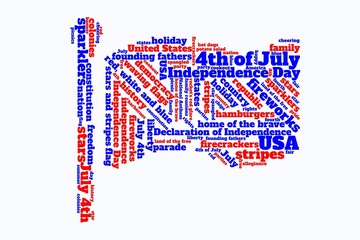 Red white and blue tag cloud about Independence Day in the United States in the shape of a flag