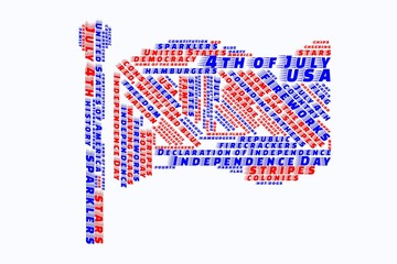 Flag shaped word cloud about the 4th of July in the United States