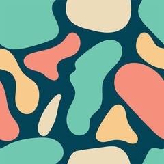 Abstract  liquid shapes seamless repeat vector pattern.Hand drawn various shapes. Contemporary modern trendy vector illustrations.Green,orange,beige and yellow liquid shapes on dark background.