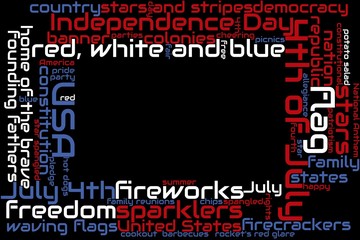 Tag cloud, word collage frame border about the 4th of July, red, white and blue on black background
