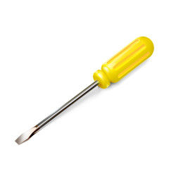 Yellow professional realistic slotted Screwdriver with a plastic handle. Isometric 3d construction tool isolated on white background. Vector illustration. Cruciform for repair and construction.