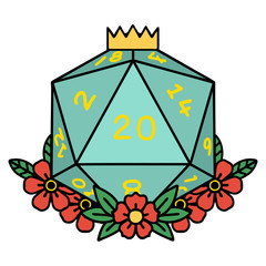 natural 20 D20 dice roll with floral elements illustration
