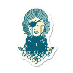 crying human rogue with natural one d20 roll sticker