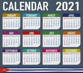 Cuba Calendar with flag. Month, day, week. Simply flat design. Vector illustration background for desktop, business, reminder, planner