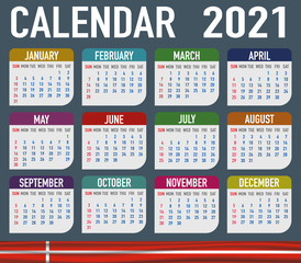 2021 year calendar with national flag of European country Denmark. Month, day, week. Colorful palette, trendy, simply design. Vector illustration for web, business, reminder, planner