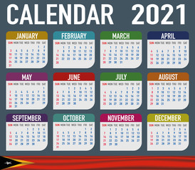 East Timor Calendar with flag. Month, day, week. Simply flat design. Vector illustration background for desktop, business, reminder, planner