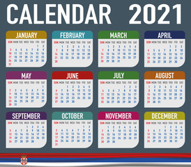 Serbia Calendar with flag. Month, day, week. Simply flat design. Vector illustration background for desktop, business, reminder, planner