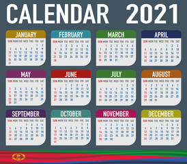 Eritrea Calendar with flag. Month, day, week. Simply flat design. Vector illustration background for desktop, business, reminder, planner