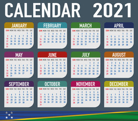 Solomon Islands Calendar with flag. Month, day, week. Simply flat design. Vector illustration background for desktop, business, reminder, planner