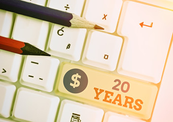 Word writing text 20 Years. Business photo showcasing Remembering or honoring special day for being...