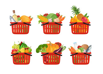 Set of Red grocery shopping baskets full of different fresh food isolated on white background. Vector illustration of bread, milk, cheese, fish,vegetables and fruits in cartoon flat style.