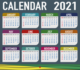 French Guiana Calendar with flag. Month, day, week. Simply flat design. Vector illustration background for desktop, business, reminder, planner