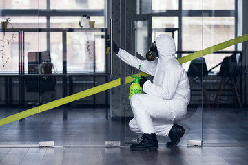 Cleaning and Disinfection at town complex amid the coronavirus epidemic. Professional teams for...