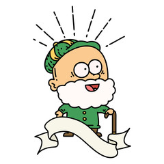 banner with tattoo style happy old man with walking stick