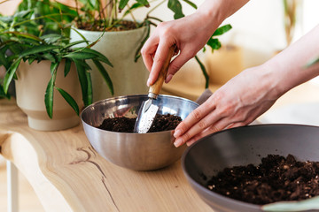 Woman digging soil in the bowl with a trowel close up