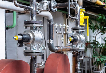 Gas boiler room equipment. Gas pipeline with safety gas valve.