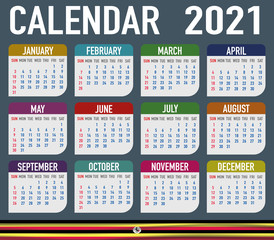 Uganda Calendar with flag. Month, day, week. Simply flat design. Vector illustration background for desktop, business, reminder, planner