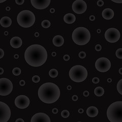 Seamless pattern of gray gradient balls on a black background. Elements of different sizes and randomly arranged.