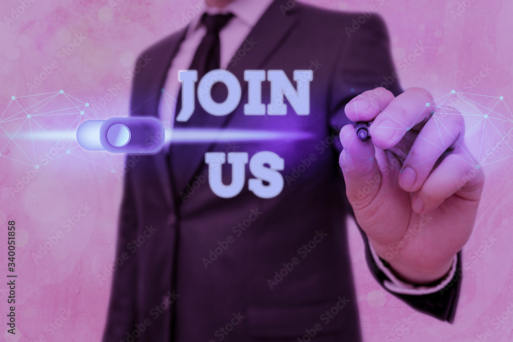 Poster writing note showing join us. business concept for register in community team or blog sign up at soc