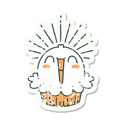 grunge sticker of tattoo style happy singing cupcake