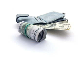 American dollars and wallet isolated on white background. Set of paper money and a wallet. Business and finance.