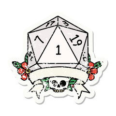 natural one d20 dice roll grunge sticker