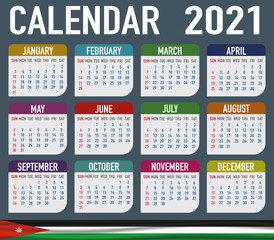 Jordan Calendar with flag. Month, day, week. Simply flat design. Vector illustration background for desktop, business, reminder, planner