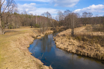 Aerial view of spring landscape river