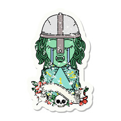 crying orc fighter character face with natural one D20 roll grunge sticker