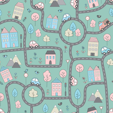 Green vector pattern with a city map for girls