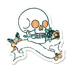 grunge sticker with banner of a skull
