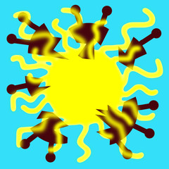 Raster illustration with a yellow sun on a blue sky. Sun rays destroy the dark coronavirus.