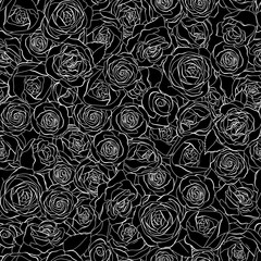 Seamless pattern with rose flowers. White outline on a black background.