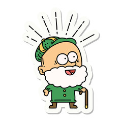 sticker of tattoo style happy old man with walking stick