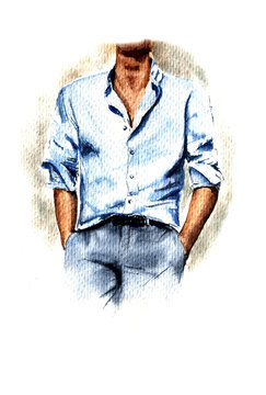 fashion illustration, a fashionable image for a business man, a silhouette of a man in a pantsuit and a blue shirt