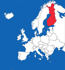 Finland highlighted on european map. Blue sea background. Perfect for Business concepts, backgrounds, backdrop, sticker, chart, presentation and wallpaper.